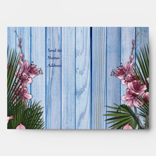Pink Arty Flowers on Blue-wood Texture Envelopes (Front)