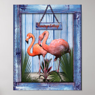 Pink arty Flowers on Blue-wood texture Poster