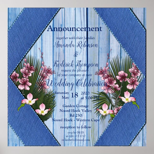 Pink Arty Flowers on Blue-wood Texture Poster (Front)