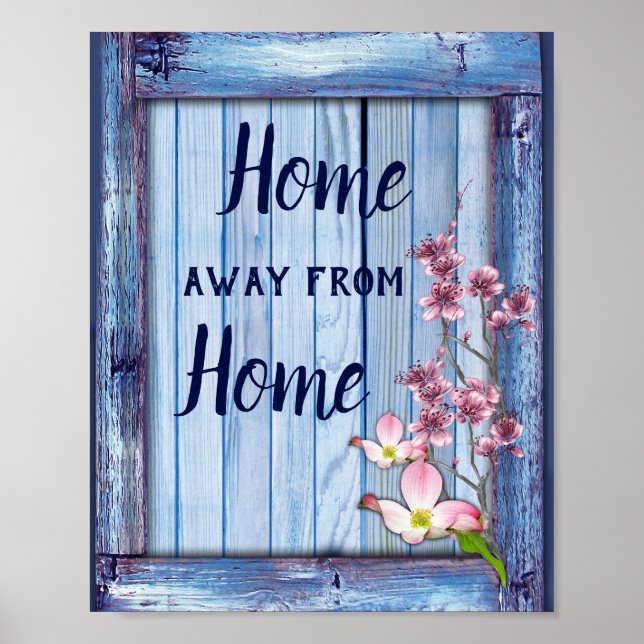Pink arty Flowers on Blue-wood texture Poster (Front)