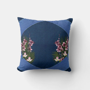 Pink Arty Flowers on Navy Blue-Fabric texture Cushion