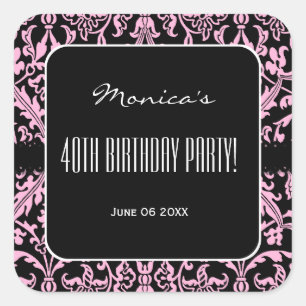 Pink asnd Black Damask 40th Birthday Party V01E Square Sticker