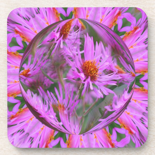 Pink Asters Abstract Floral Art Coaster Set (Front)