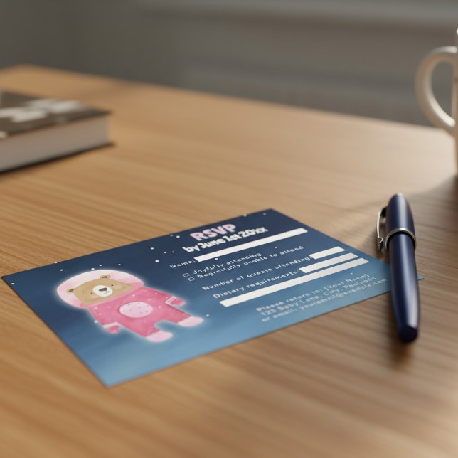 Pink Astronaut Bear Space-Themed RSVP Card (Pink Astronaut Bear Space-Themed RSVP Card.)