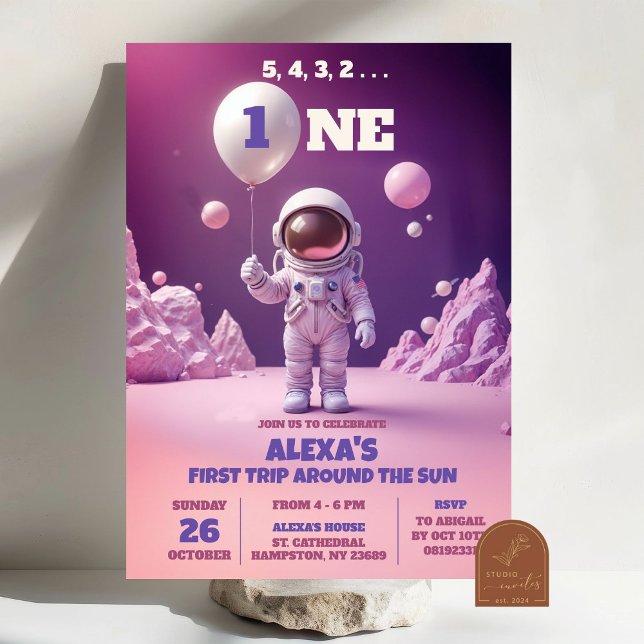 Pink Astronaut Outerspace First Birthday Girl Invitation (Creator Uploaded)