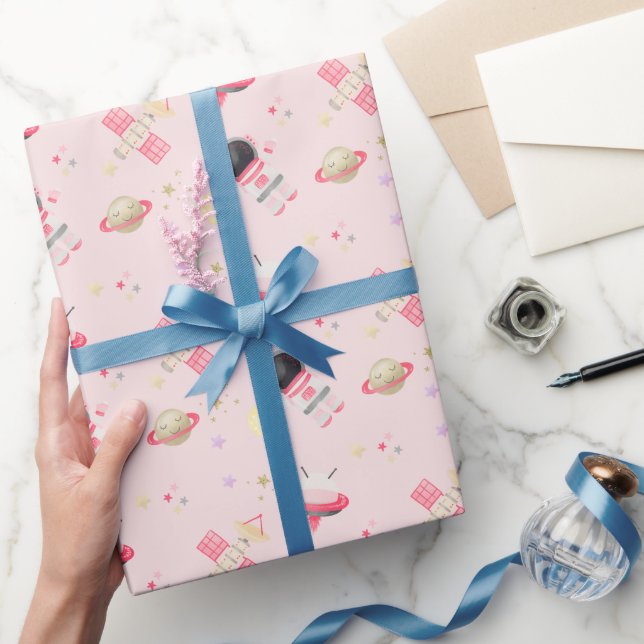 Pink Astronaut Space Birthday Invitation Wrapping Paper (Gifting)