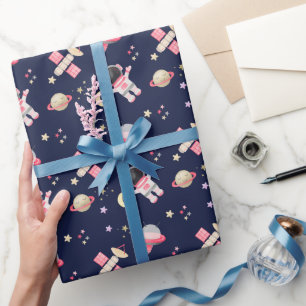 Pink Astronaut Space Stars Wrapping Paper