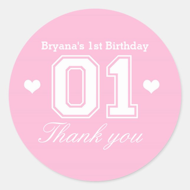 Pink Athletic 01 1st Birthday Party Favour Sticker (Front)