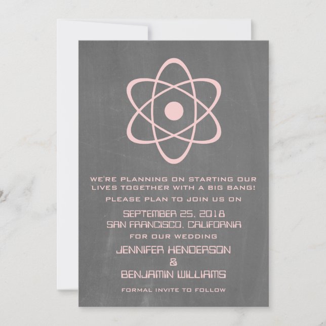 Pink Atomic Chalkboard Save the Date Invite (Front)
