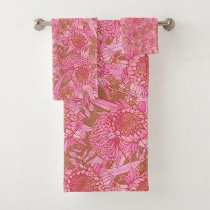 Pink Australian Protea And Waratah Pattern Bath Towel Set