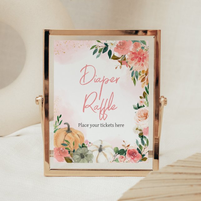 Pink Autumn Fall Floral Pumpkin Diaper Raffle Poster (Autumn Floral Pumpkin Baby Shower Diaper Raffle Sign)