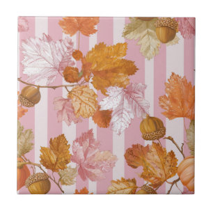 Pink Autumn Leaves and Acorns Pattern - Fall Ceramic Tile