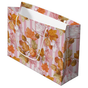 Pink Autumn Leaves and Acorns Pattern - Fall Large Gift Bag
