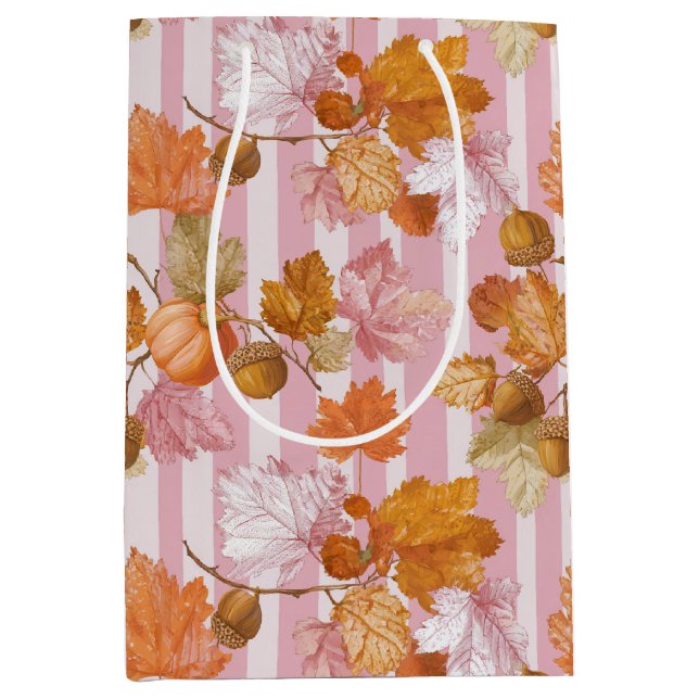 Pink Autumn Leaves and Acorns Pattern - Fall Medium Gift Bag (Front)