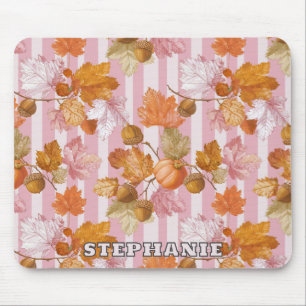 Pink Autumn Leaves and Acorns Pattern - Fall Mouse Pad