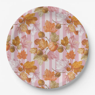 Pink Autumn Leaves and Acorns Pattern - Fall Paper Plate