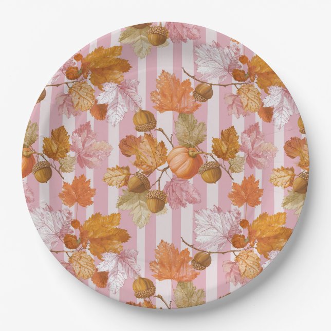 Pink Autumn Leaves and Acorns Pattern - Fall Paper Plate (Front)