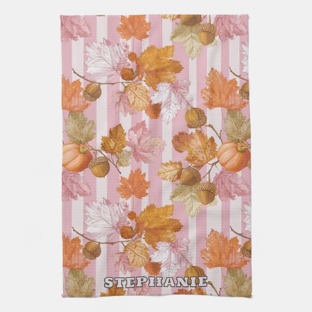 Pink Autumn Leaves and Acorns Pattern - Fall Tea Towel (Vertical)