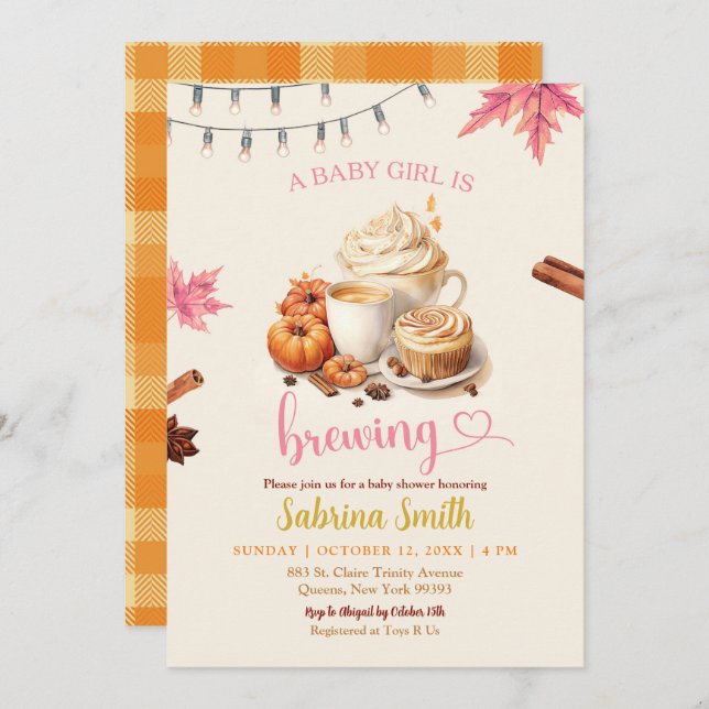 Pink Autumn Leaves Pumpkin Coffee Baby Shower Invitation (Front/Back)