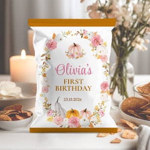 Pink Autumn Pumpkin 1st Birthday Chip Bag Wrapper