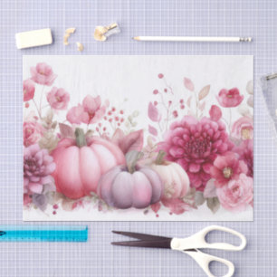 Pink Autumn Pumpkins and Flowers Fall Decoupage Tissue Paper