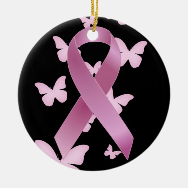Pink Awareness Ribbon Ceramic Ornament (Front)