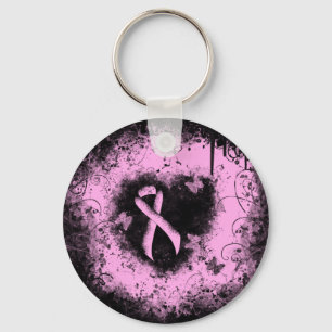 Pink Awareness Ribbon Grunge Heart Key Ring