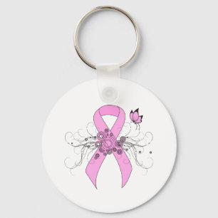 Pink Awareness Ribbon with Butterfly Key Ring