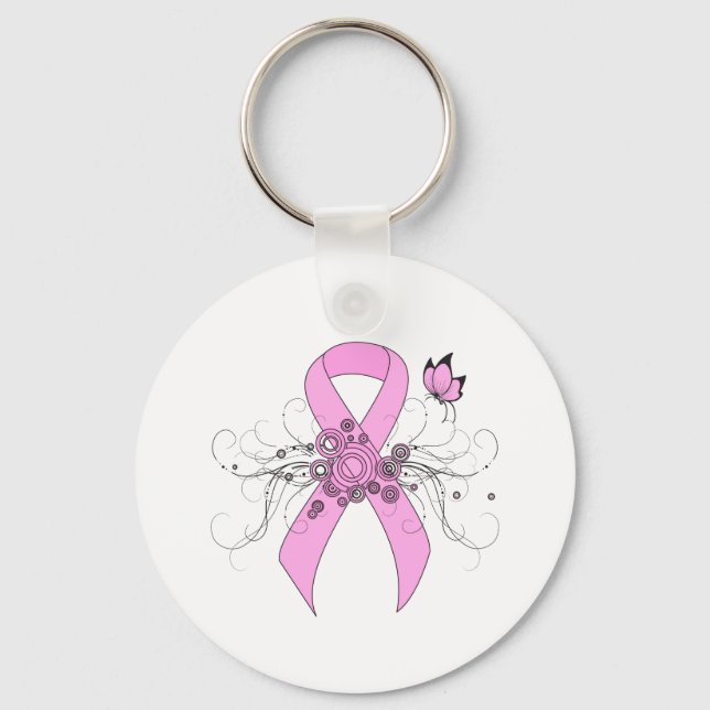 Pink Awareness Ribbon with Butterfly Key Ring (Front)