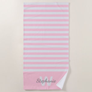 Pink awning stripe with personalisation beach towel