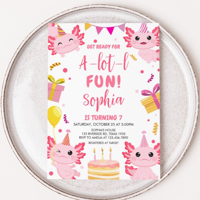 Pink Axolotl Alotl Birthday Party Invitation (Pink Girl Axolotl Alotl Birthday Party Invitation)