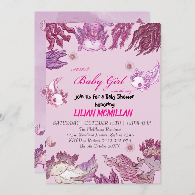 PINK AXOLOTL Baby Shower Invitation Girl (Front/Back)