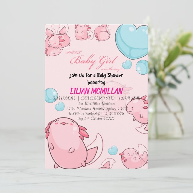 PINK AXOLOTL Baby Shower Invitation Girl (Standing Front)