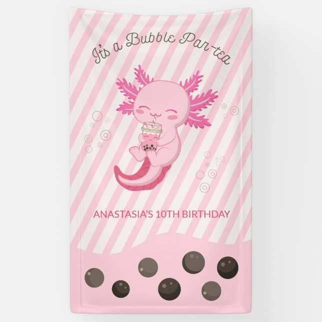 Pink Axolotl Bubble Boba Tea Birthday Party Banner (Vertical)