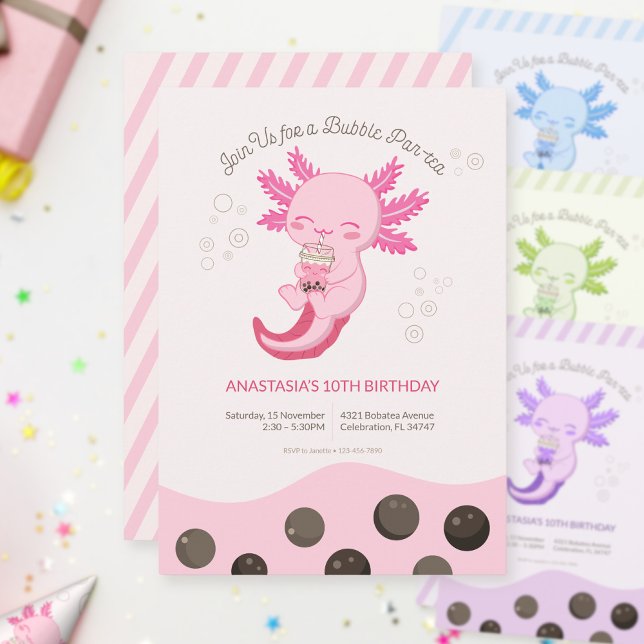Pink Axolotl Bubble Boba Tea Girl Birthday Invitation (Creator Uploaded)