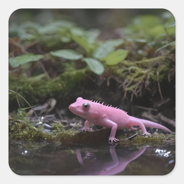 Pink Axolotl Down At The River, Square Sticker (Front)