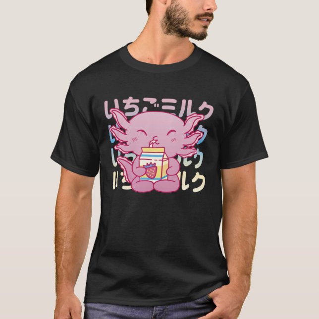 Pink Axolotl Drinking Strawberry Milk T-Shirt (Front)