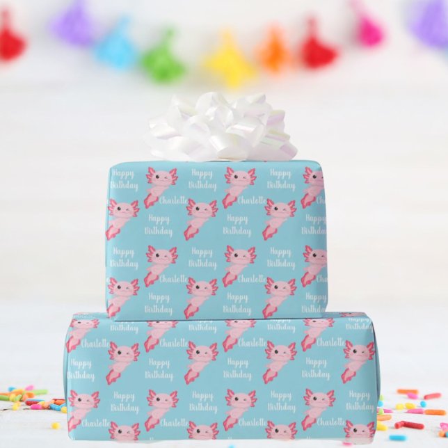 Pink Axolotl Girl Birthday Wrapping Paper (Creator Uploaded)