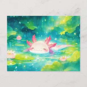 Pink Axolotl Swimming in Sunny Lotus Flower Pond Postcard