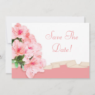 Pink Azalea & Ribbon Save The Date Wedding Invitation