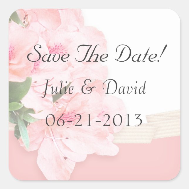 Pink Azalea & Ribbon Save The Date Wedding Square Sticker (Front)