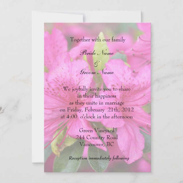 pink azalea wedding invitation, bride and groom invitation (Front)
