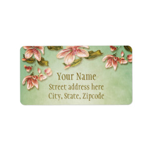 Pink Azaleas Vintage Floral on Green Mist Label