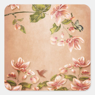 Pink Azaleas Vintage Floral on Whiskey Square Sticker