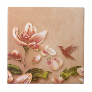 Pink Azaleas Vintage Floral on Whiskey Wedding Ceramic Tile