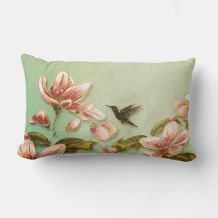 Pink Azaleas Vintage  on Green Mist Lumbar Cushion