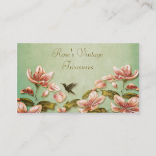 Pink Azaleas Vintage  on Green Mist Retro Business Card