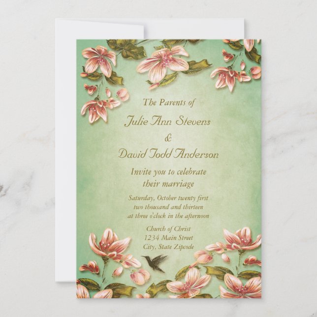 Pink Azaleas Vintage  on Green Mist Wedding Invitation (Front)