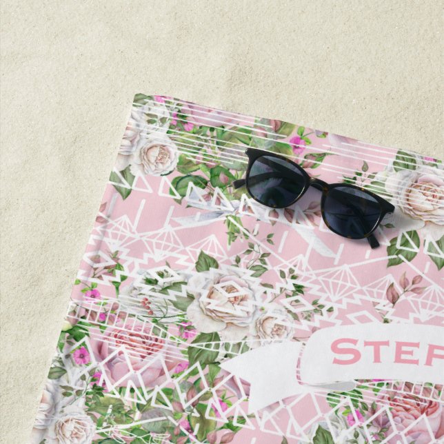 Pink Aztec Trellis Rose Pattern Name or Quote Beach Towel (In Situ)