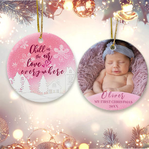 Pink Baby 1st Christmas Custom Photo  Ornament